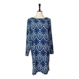 LOFT Shift Dress Boat Neck Long Sleeves Blue Multi Print Women’s Size Medium